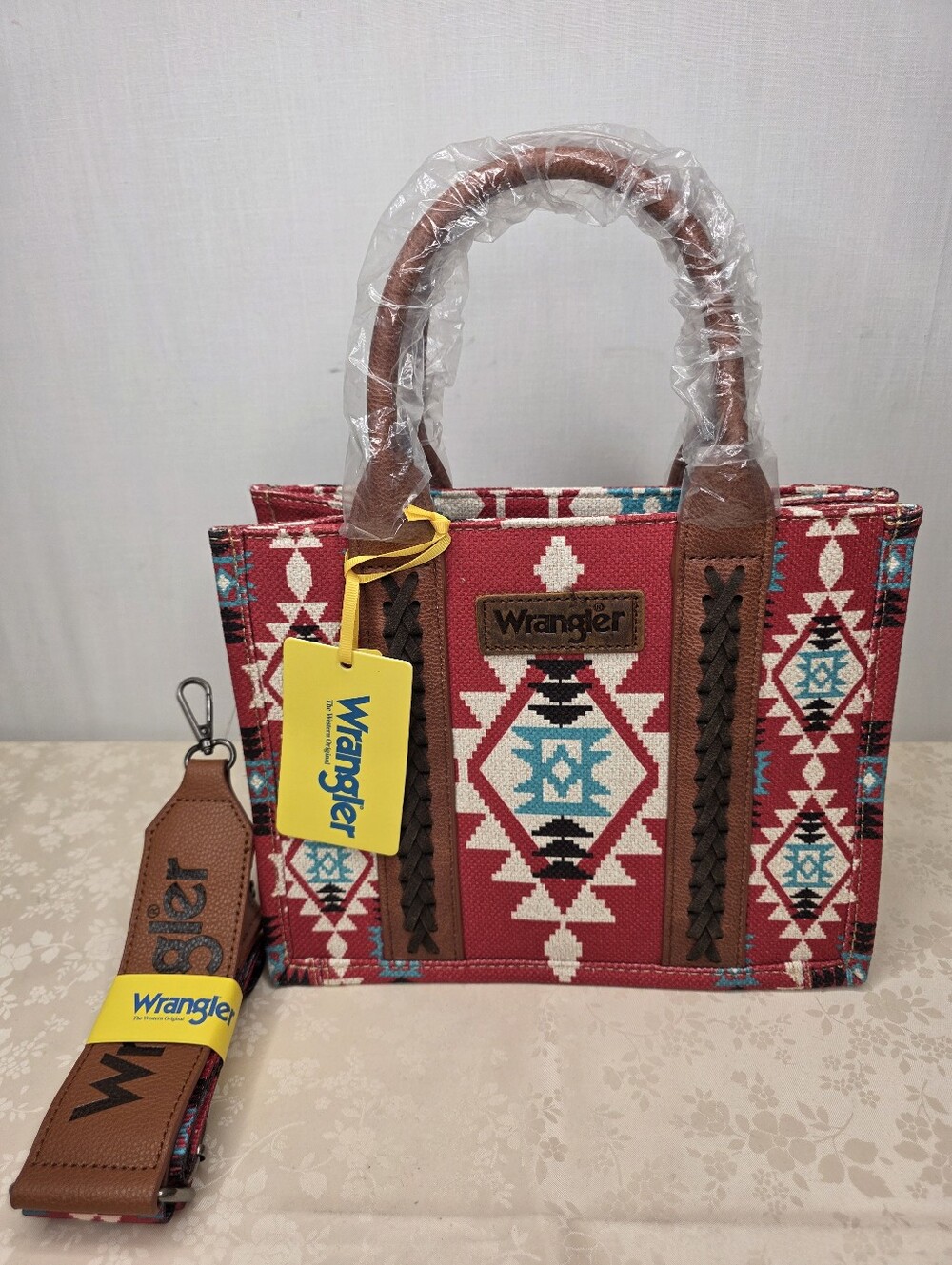 Wrangler NWT Aztec Southwestern Canvas Crossbody Tote Bag Burgundy Red Small